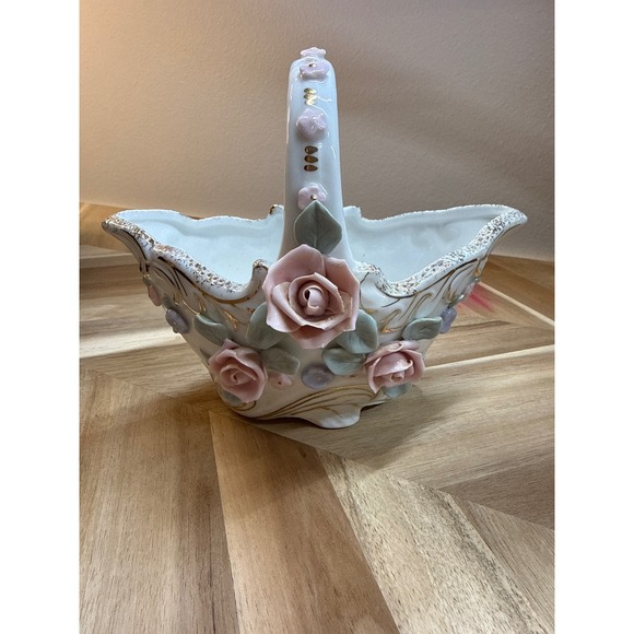 N/A Other - White Ceramic Rose Flower Basket Handle Trinket Dish Vintage Japan